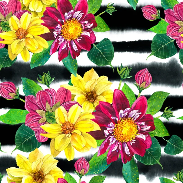 Dahlias fleurissant motif sans couture aquarelle. Georgina jaune, violet sur fond rayures noires. Fleurs fleurissent, bourgeons et feuilles à texture aquarelle. Papier d'emballage floral, conception de papier peint — Photo