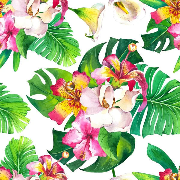 Flores exóticas acuarela patrón sin costuras. Ramo tropical sobre fondo blanco. Hibiscus, rosa, gardenia con textura de hojas de monstera. Papel de embalaje botánico, diseño de papel pintado — Foto de Stock