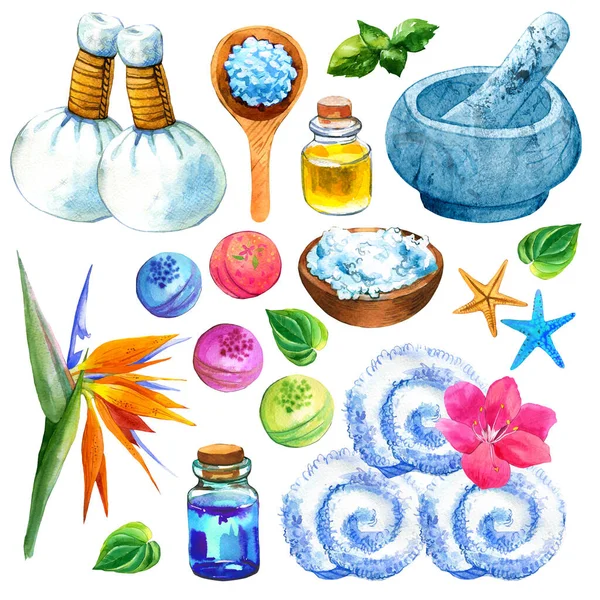 Ilustraciones SPA con una variedad de medios para el cuerpo y la cara: toalla, flor, aceite, bolsas de masaje, mortal, cuchara y tazón con sal, loción. Cosméticos para mujer. Relajación en el salón —  Fotos de Stock