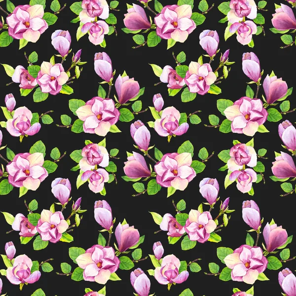 Άνοιξη απρόσκοπτη φόντο με υδατογραφία μανόλια. Floral μωβ μοτίβο με ρεαλιστικά λουλούδια σε μαύρο φόντο για το σχεδιασμό και τη διακόσμηση σας. — Φωτογραφία Αρχείου