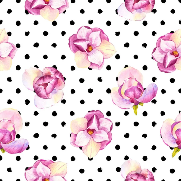 Frühling nahtlosen Hintergrund mit Aquarell Magnolie. Floral lila Muster mit realistischen Blumen auf Tupfen Hintergrund für Ihr Design und Dekor. — Stockfoto