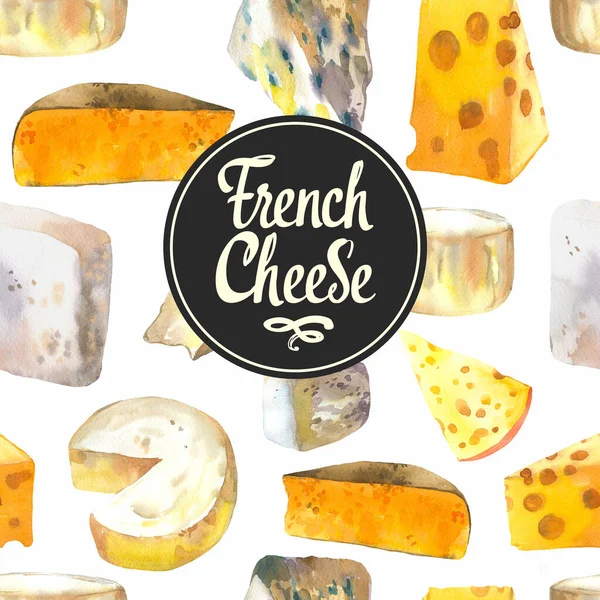 Fondo acuarela sin costuras con diferentes quesos nobles: camembert, gouda, parmesano, azul, edammer, maasdam, brie, roquefort. Snack bar. Productos lácteos de granja. Alimentos orgánicos frescos. — Foto de Stock