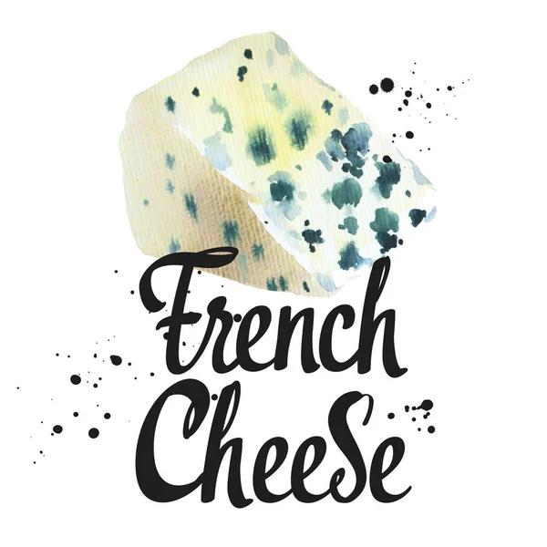 带有高贵奶酪的水彩画：蓝色，罗克福。小点心吧。农业奶制品。新鲜有机食品. — 图库照片