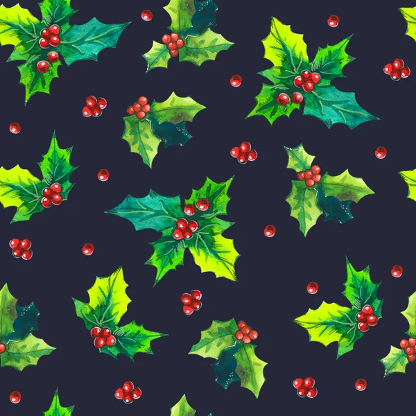 Weihnachten Aquarell Illustration in malerischem Stil. Nahtloses Muster mit einem Zweig und Beeren der Stechpalme auf weißem Hintergrund. Neujahrsdekoration. — Stockfoto