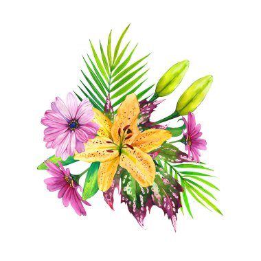 Egzotik buket suluboya çizimi. Sarı zambak ve pembe paskalya çiçeği çizimi. Palmiye yapraklı tropik çiçek, elle çizilmiş gerçekçi bir klitoris. Tebrik kartı, kartpostal izole tasarım ögesi