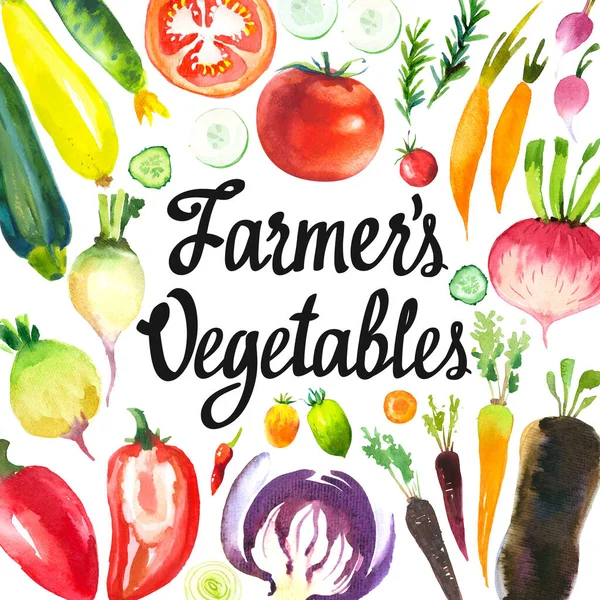 Illustration aquarelle avec composition ronde de produits agricoles. Ensemble de légumes : artichauts, oignons, échalotes, poireaux, poivrons, chou, carottes, concombre, courgettes, navet, radis. Aliments biologiques frais. — Photo