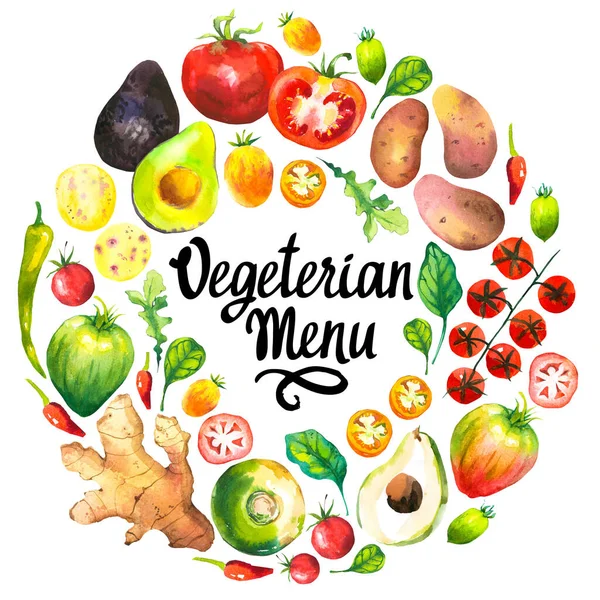 Akvarel ilustrace s kulatým složením zemědělské zeleniny. Sada různých druhů zeleniny: rajčata, brambory, avokádo, zázvor, pepř, tuřín, rukola, špenát. Čerstvé organické potraviny. — Stock fotografie