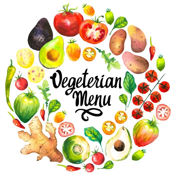 Aquarel illustratie met ronde samenstelling van boerderijgroenten. Set van verschillende groenten: tomaat, aardappel, avocado, gember, peper, rapen, arugula, spinazie. Vers biologisch voedsel. — Stockfoto