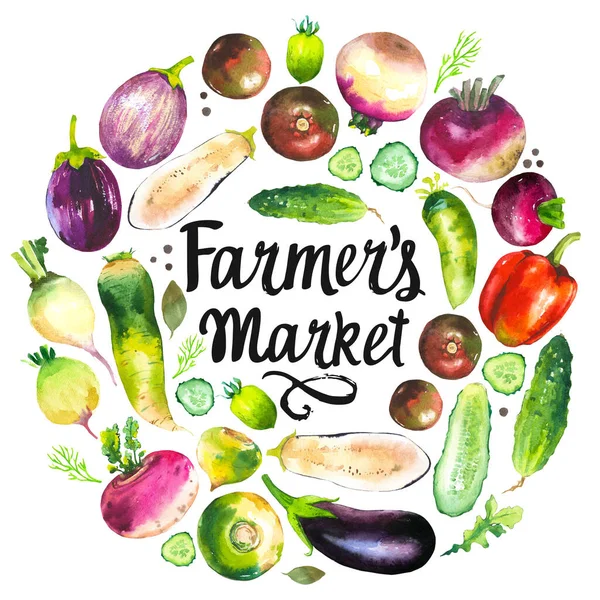 Akvarel ilustrace s kulatým složením zemědělských produktů. Sada zeleniny: pepř, okurka, vodnice, ředkvička, lilek, rajče. Čerstvé organické potraviny. — Stock fotografie