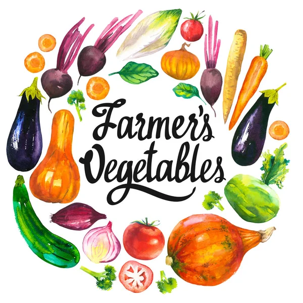 Watercolor illustration with round composition of farm products. Vegetables set: eggplant, pumpkin, zucchini, onion, tomato, broccoli, beets, carrots, cabbage kohlrabi. Fresh organic food.