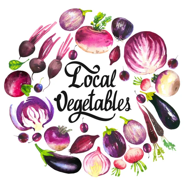 Aquarel illustratie met ronde samenstelling van landbouwproducten. Groenten set: kool, aubergine, rapen, radijs, wortel, ui. Vers biologisch voedsel. Viooltje. — Stockfoto