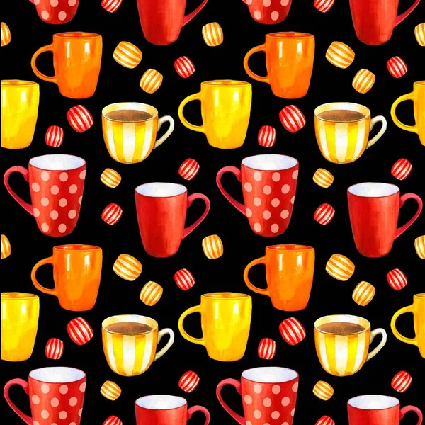 Seamless background. Tea party pattern on black. Watercolor illustration of funny cups. Decorative elements with traditional hot drinks for your packing design. Multicolor decor.