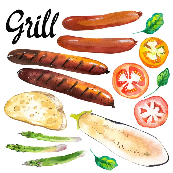 Illustrazione acquerello con cibo griglia. Melanzane, asparagi, pomodoro, salsicce. — Foto Stock