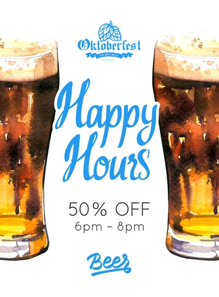 Plakat Happy hours. Ilustracja akwarela ze szklanką piwa stout w malowniczym stylu dla baru. Pij menu na świętowanie. Oferta specjalna. — Zdjęcie stockowe