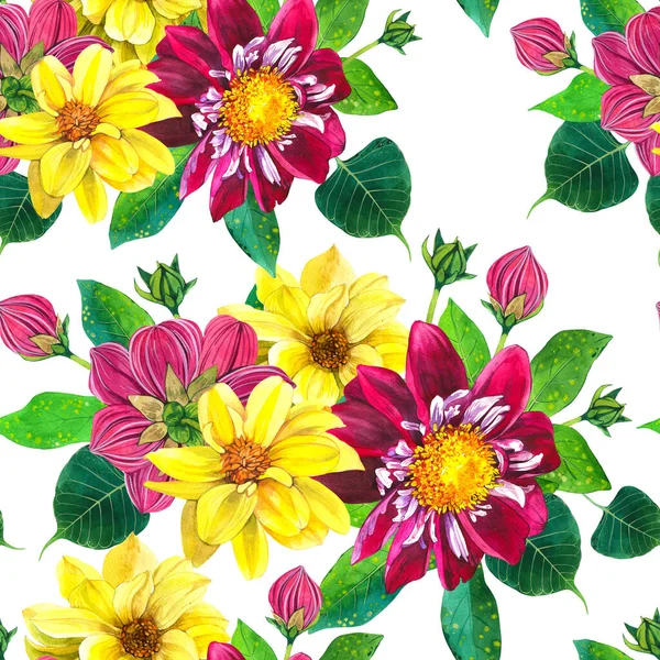 Kvetoucí dahlias akvarel bezešvný vzor. Žlutá, fialová Georgina na bílém pozadí. Květiny kvetou, pupeny a listy s akvarelovou strukturou. Květinový balicí papír, tapety design — Stock fotografie
