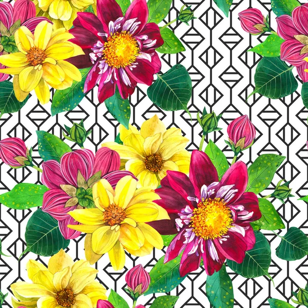 Ανθισμένες ντάλιες υδατογραφία αδιάλειπτη μοτίβο. Κίτρινη, μωβ Τζορτζίνα σε γεωμετρικό υπόβαθρο ρόμβου. Λουλούδια ανθίζουν, μπουμπούκια και φύλλα με υδατοδιαλυτή υφή. Floral χαρτί περιτυλίγματος, ταπετσαρία σχεδιασμού — Φωτογραφία Αρχείου