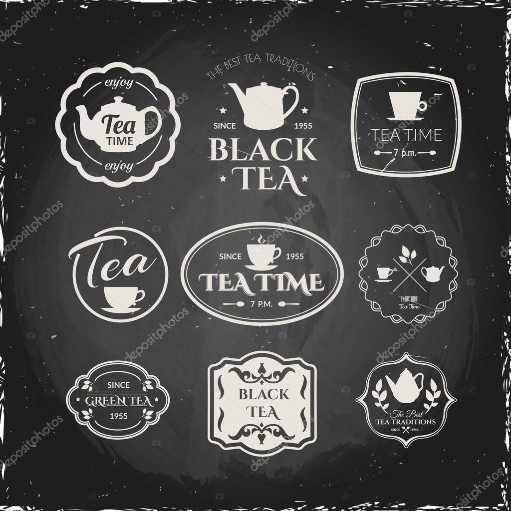 Simple symbols with cup and teapot. Traditions of tea time. Decorative elements for design.