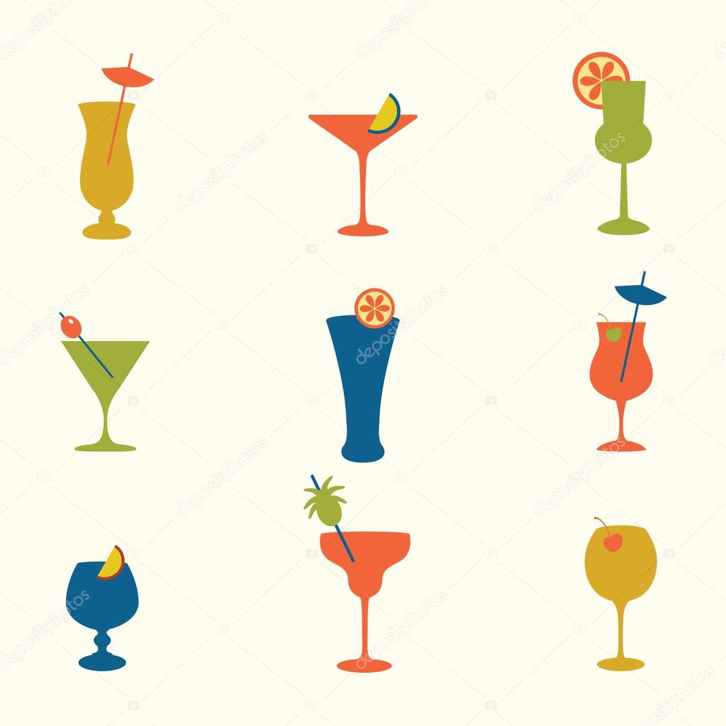 Cocktails icon set in flat design style. Simple icons of drinks. Set of beverages.
