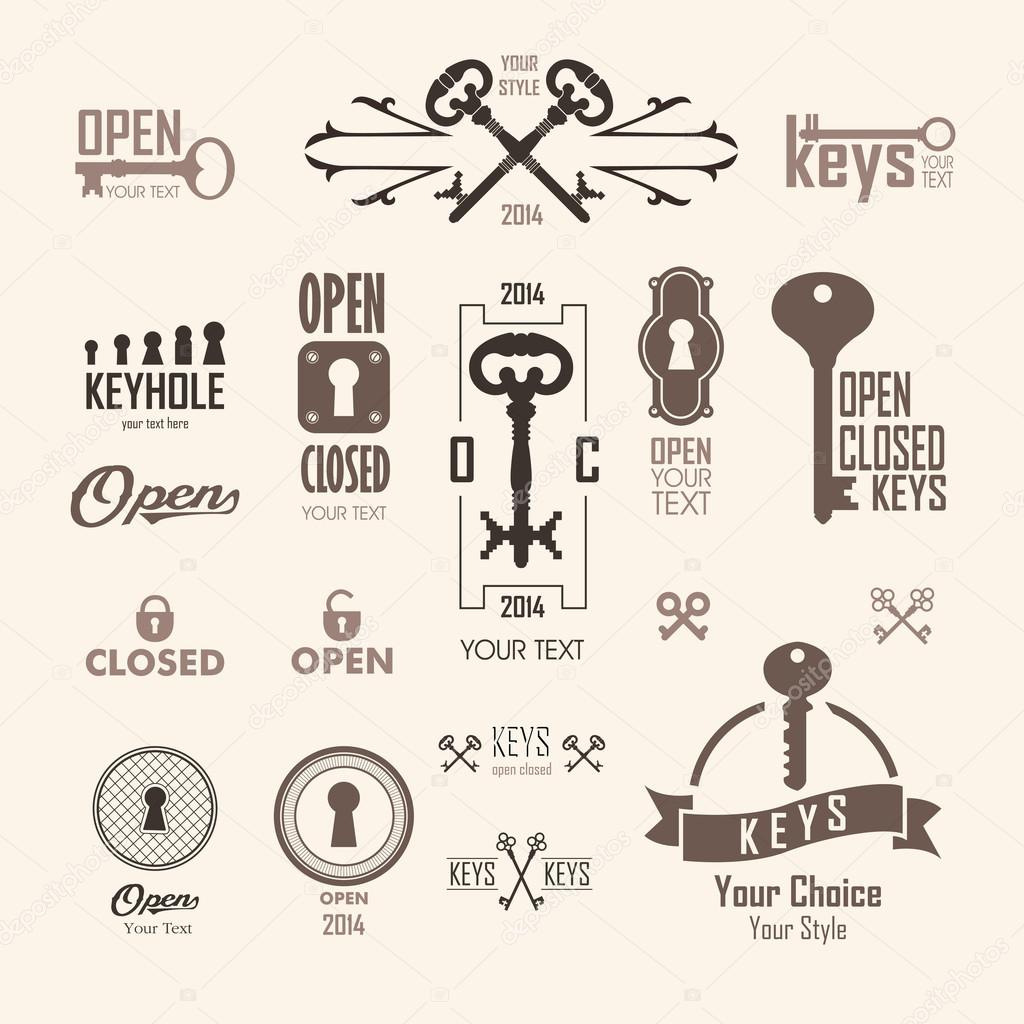 Different beautiful silhouettes of keyholes and keys. Decorated frames. Vector illustration, Logo set.