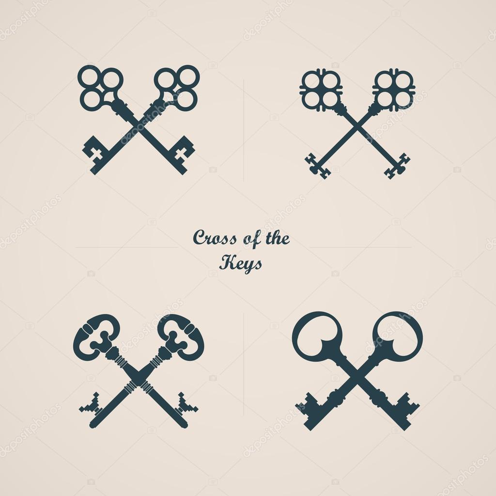 Black and white set of silhouettes of crossed keys in different shapes.