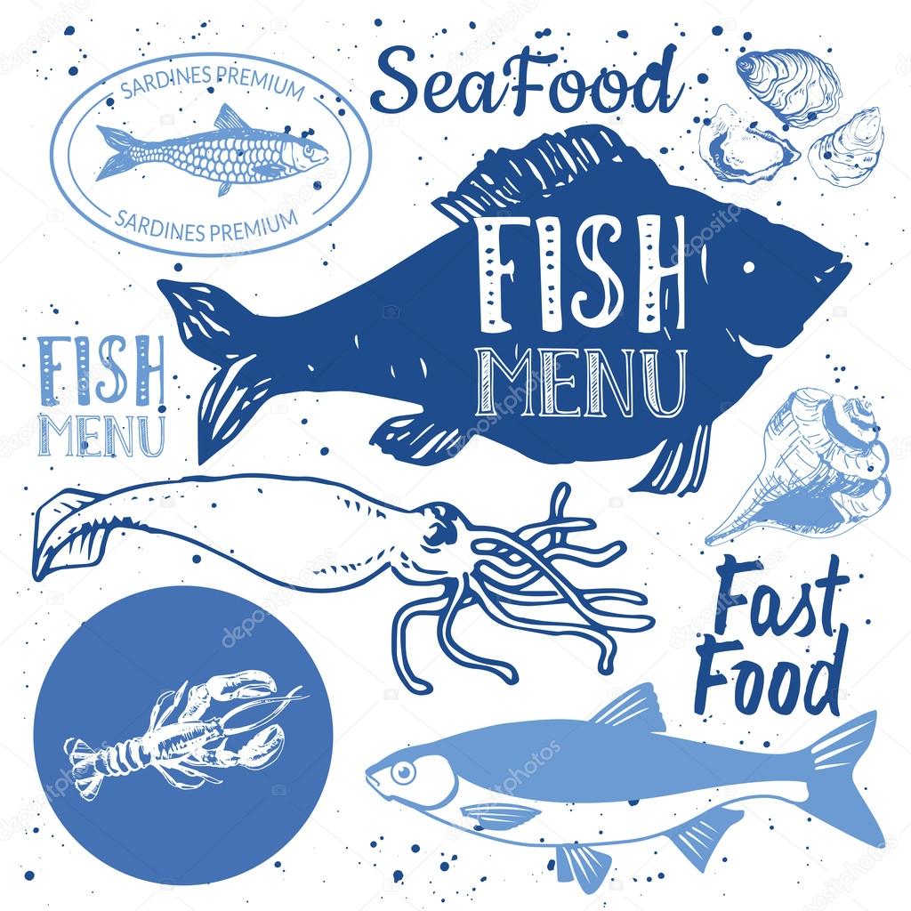 Hand-drawn sketch. Fresh organic seafood: fish, lobster, dorado, oysters, squid, clams. Restaurant Design.