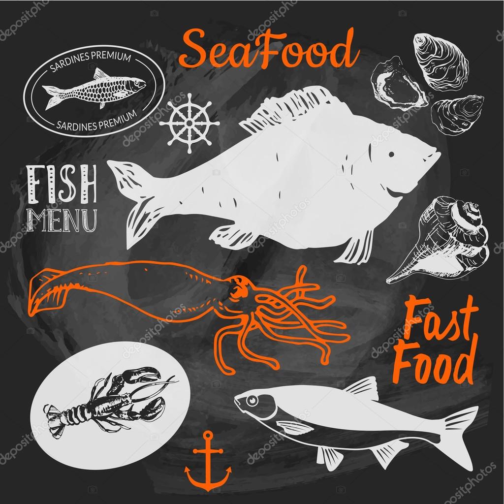 Hand-drawn sketch. Fresh organic seafood: fish, lobster, dorado, oysters, squid, clams. Restaurant Design.