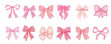 Coquette şirin fiyonk seti. El yapımı vintage kurdeleler. Bekarlığa veda partisi, düğün, doğum günü partisi davetiyesi, ve sosyal medya şablonu dekorasyonu, ve eski tarz selamlar için. Vektör minimalist elementler, karalama çizgisi sanat, afiş ve süs etiketi