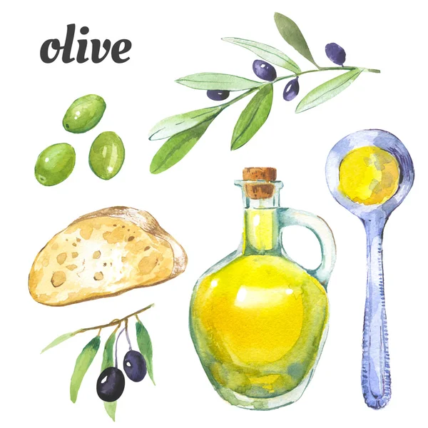 Aceitunas y botella de aceite de oliva — Foto de Stock