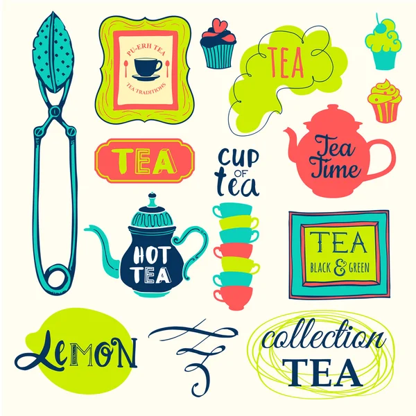 Смешные символы с чашкой, ложкой и чайником . — стоковый вектор