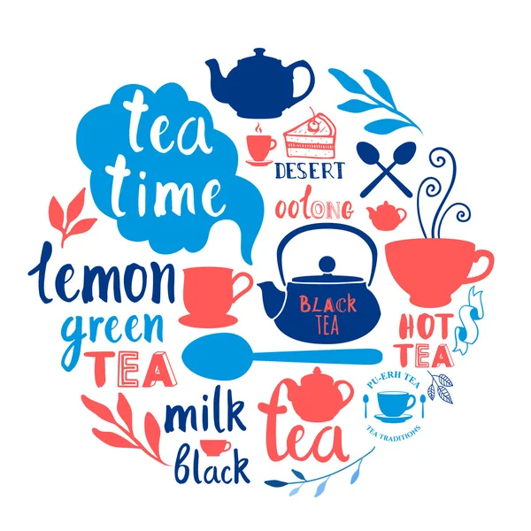 Round composition with funny tea symbols on white. — Stock Vector