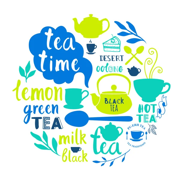 Composição redonda com símbolos engraçados do chá no branco . — Vetor de Stock