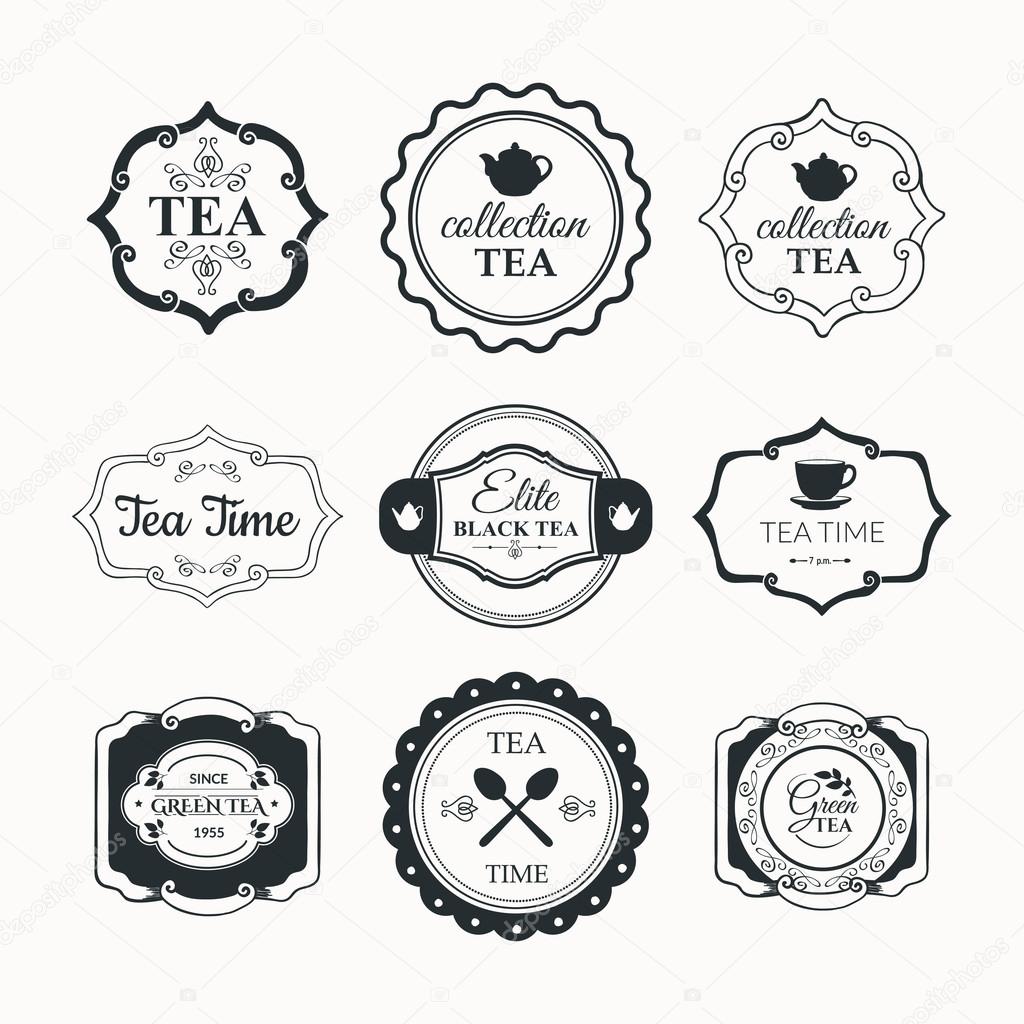 Simple symbols with cup and teapot. Traditions of tea time. Decorative elements for your design. Black and white.