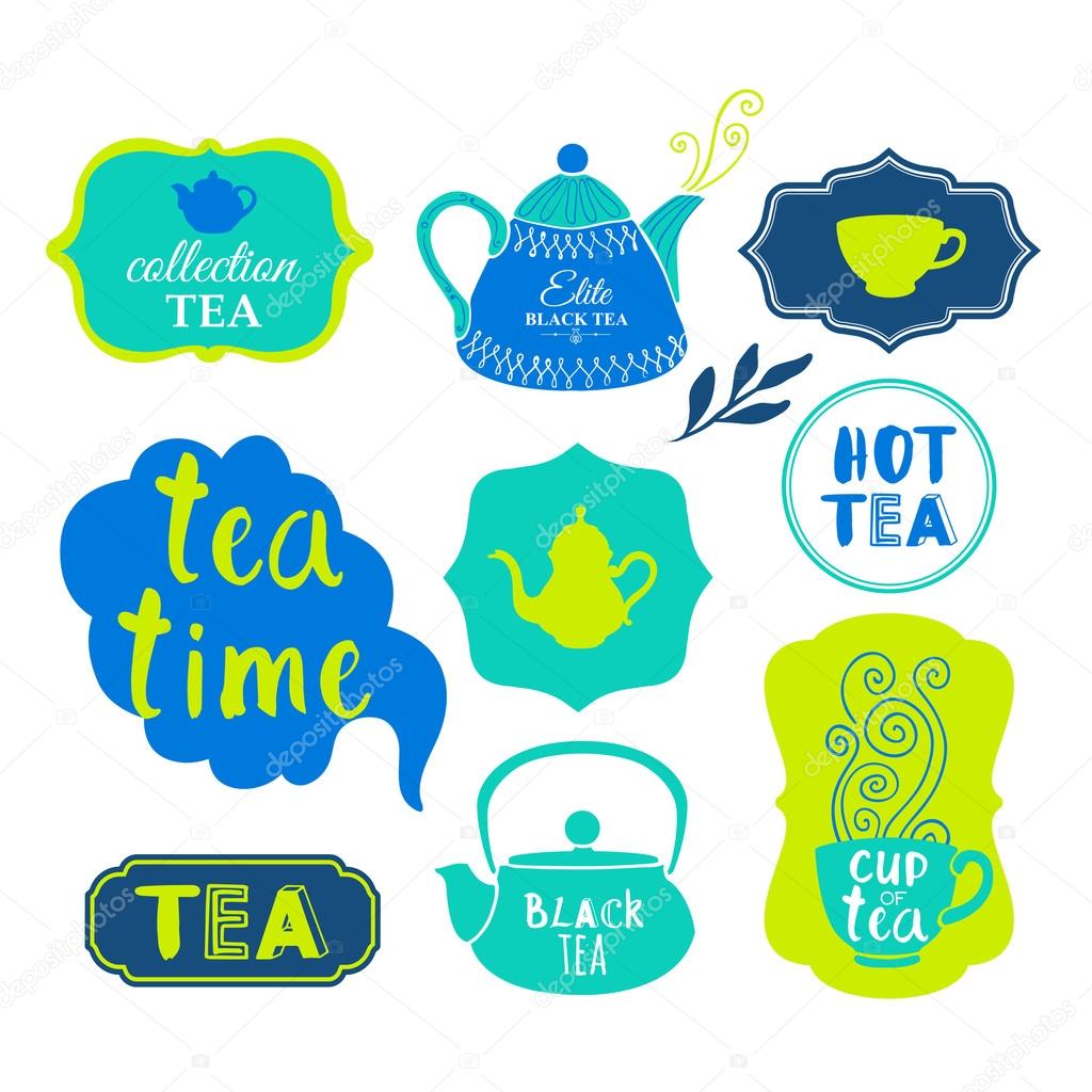 Vector Illustration with tea logo and labels on white background.