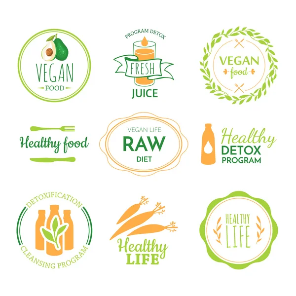 Logos con pasto vegetariano e utile . — Vettoriale Stock