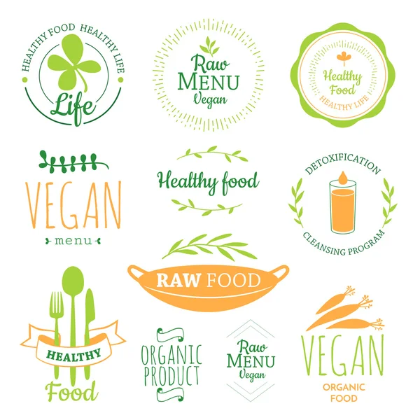 Logos con comida vegetariana y útil . — Vector de stock