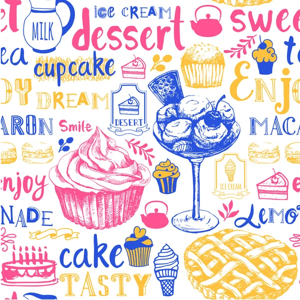 Sfondo senza cuciture con dessert, lettering ed etichette . — Vettoriale Stock