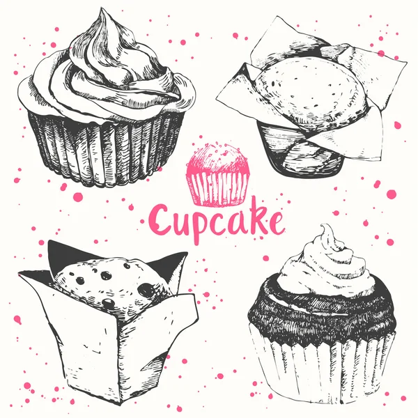 Cupcakes e muffins. Conjunto de bolos desenhados à mão . — Vetor de Stock