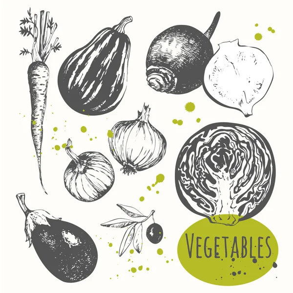 Aantal hand getrokken wortelen, uien, kool, olijven, aubergine. — Stockvector