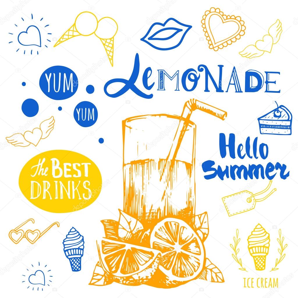 Summer poster with yellow and blue sketch of lemonade.