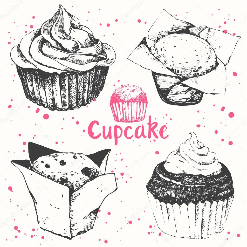 Cupcakes and muffins. Set of hand drawn cakes.