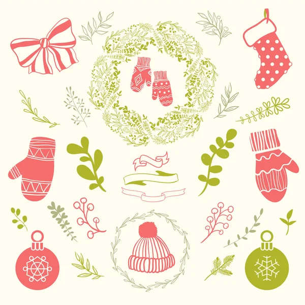Söta julset. Strumpor för gåvor och varma handskar. — Stock vektor