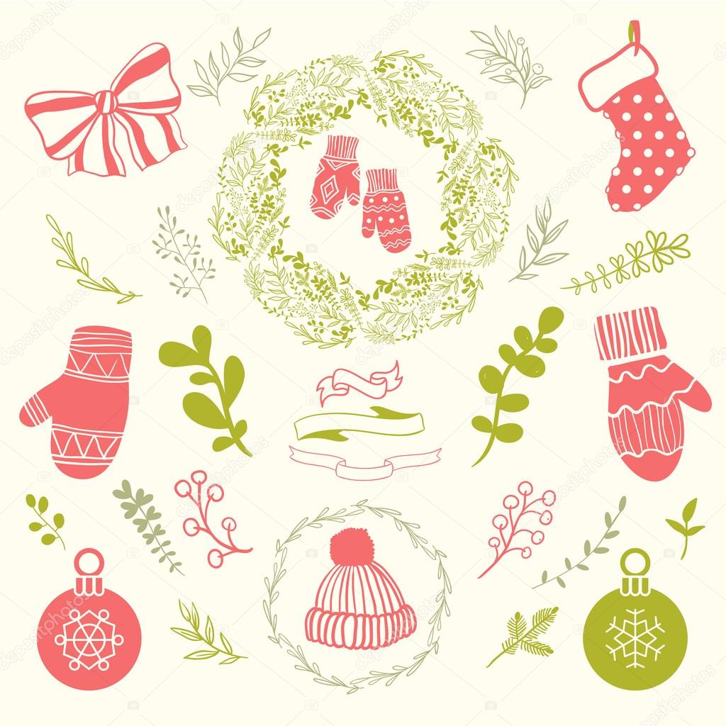 Set of christmas ornaments and decorative elements, vintage ribbon, labels, frames, badge, stickers. Christmas wreath.