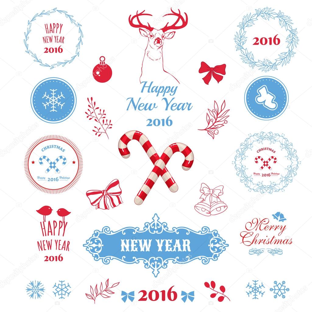 Set of christmas ornaments and decorative elements, vintage banner, ribbon, labels, frames, badge, stickers. Christmas wreath.