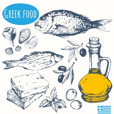 Greek food in the sketch style. Mediterranean traditional products.