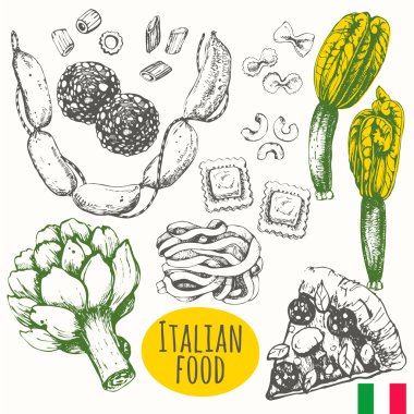 Italian food in the sketch style. Mediterranean traditional products.