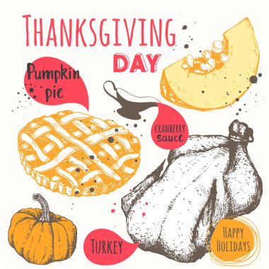 Thanksgiving day. Vector illustration of festive traditional food.