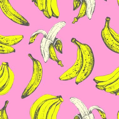 Hand-drawn sketch of banana. Seamless nature background.