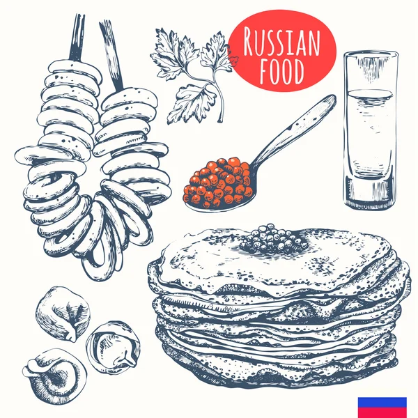 Makanan Rusia dengan gaya sketsa. Produk tradisional Slavia . - Stok Vektor