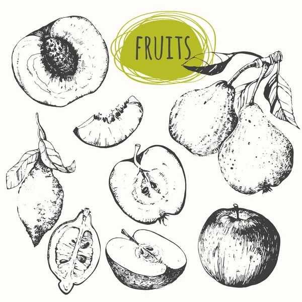 Conjunto de maçã desenhada à mão, limão, pêra, pêssego. Frutos de esboço . —  Vetores de Stock