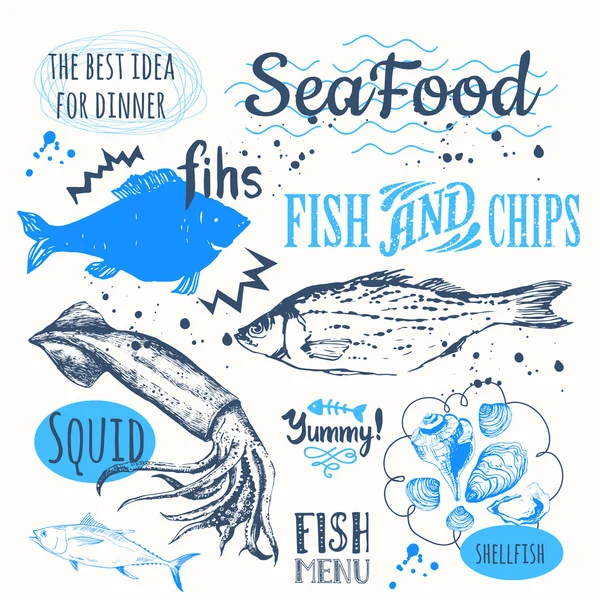 Hand-drawn sketch seafood: fish, lobster, clams, squid. — ストックベクタ